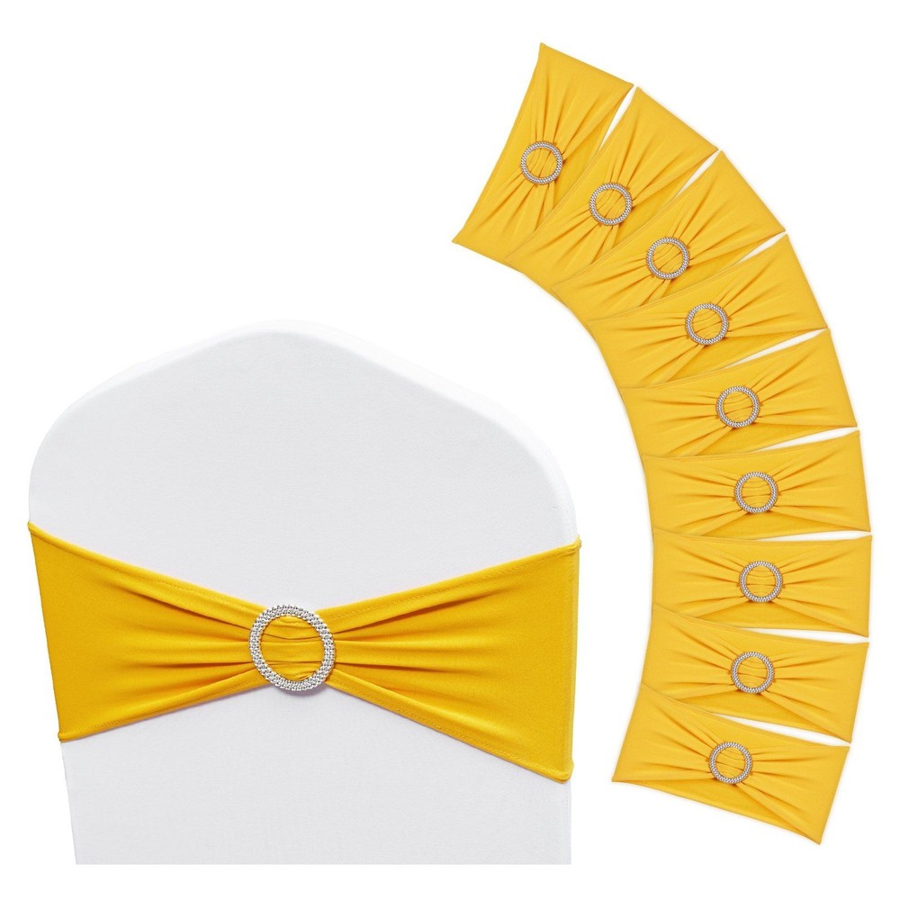 50PCS Golden Yellow Spandex Chair Sashes Stretch 340x160mm Elastic Round Buckle