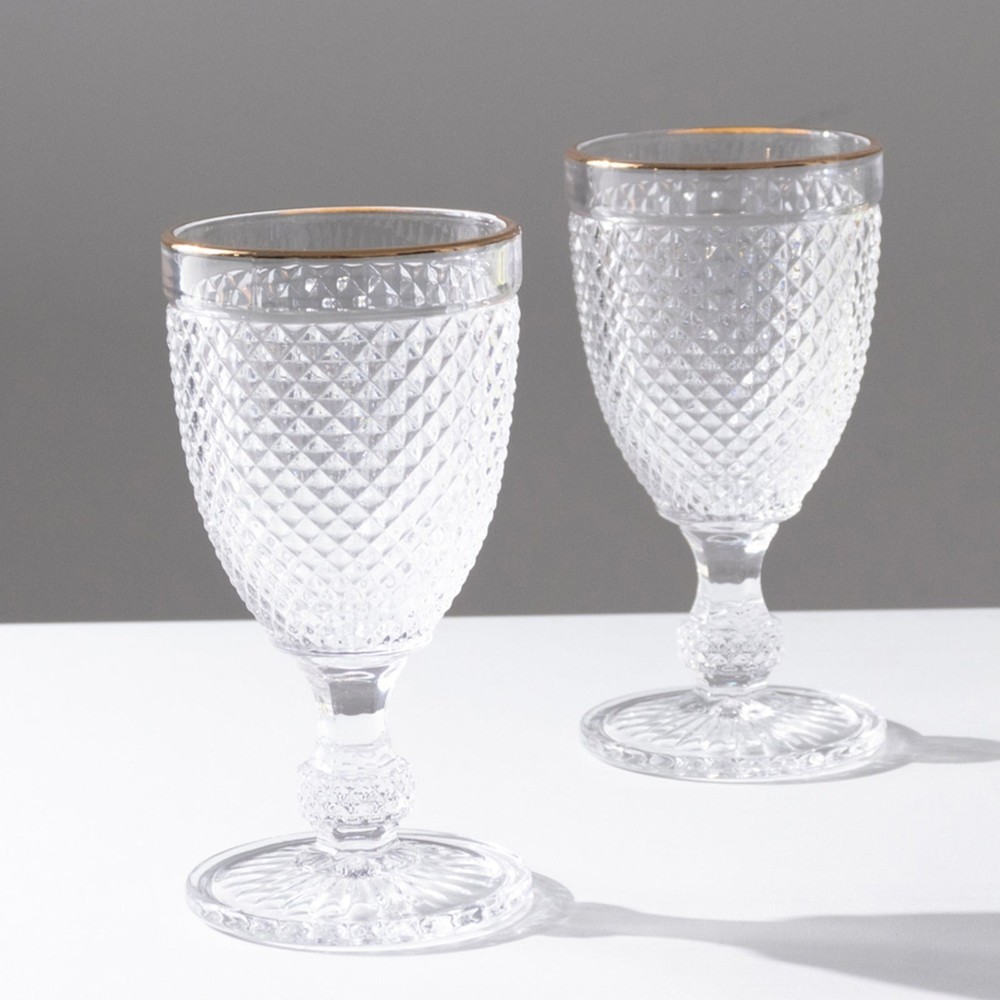 6 pack 8 oz CLEAR Glass Wine Goblets with GOLD Rim and Embossed Diamond Pattern