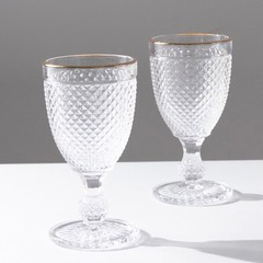 6 pack 8 oz CLEAR Glass Wine Goblets with GOLD Rim and Embossed Diamond Pattern
