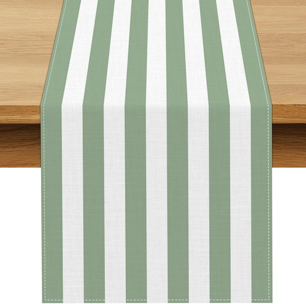 Buxiuer Sage Green and White Cabana Striped Table 13″ x 108″,