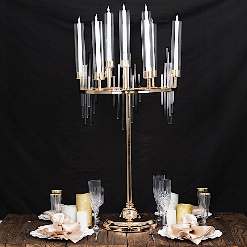 40″ GOLD CLEAR 9 Arm Metal Candelabra Taper CANDLE HOLDER Glass Shades Party