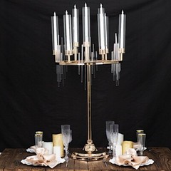 40″ GOLD CLEAR 9 Arm Metal Candelabra Taper CANDLE HOLDER Glass Shades Party