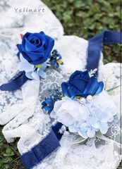 Blue White Corsage Boutonniere Set Prom Wedding Homecoming Artificial Rose