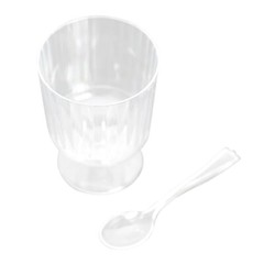24 CLEAR 5 oz Ribbed Round Plastic Dessert CUPS Spoons Set Party Decorations