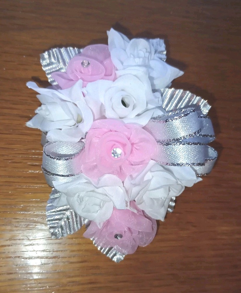NEW 5″ Artificial White Rose Wrist Corsage Bout SilverBow Pink Tulle Rhinestone