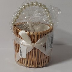 VIVICLUD Round Straw Woven Flower Basket Pearl Handle Ribbon Wedding Beige White