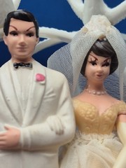 Bride & Groom 1950’s Wedding Cake Topper Lace Fabric Tulle Doves Rings