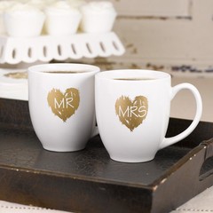 Mr. & Mrs. Mug Set Wedding or Anniversary Gift Idea – Gold Brush of Love Design