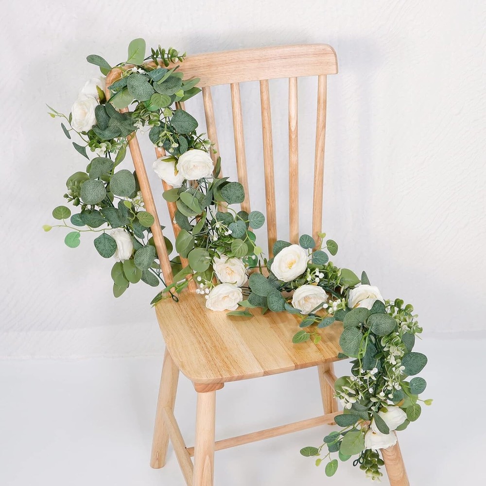 2 Pack 13Ft Artificial Eucalyptus Flower Garland with Roses, Fake 2PCS White