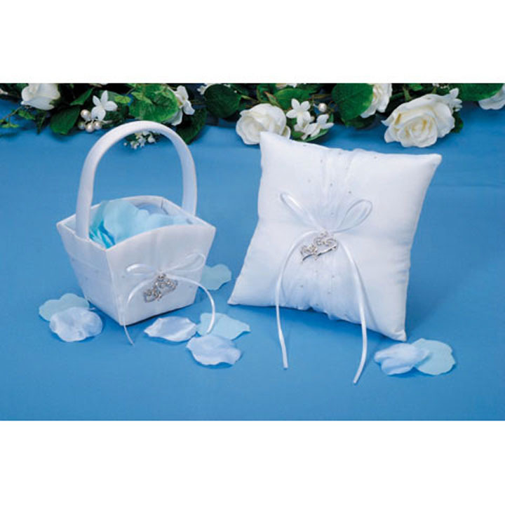 RING PILLOW & FLOWER BASKET SET W/ RHINESTONES & OPEN HEART CHARMS-VICTORIA LYNN