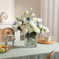 12PCS Artificial Silk Flowers Realistic Roses Bouquet 6 Flowers 6 Buds White
