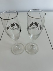 Bride And Groom Clear Glass Champagne Flutes 8″ 3D Pewter