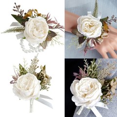 Romantics Champagne Wrist Flower and Boutonniere for Wedding Celebration Party