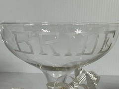 VTG MCM Engraved BRIDE GROOM Glasses Hollow Stem Champagne Coupes 1967 In Box