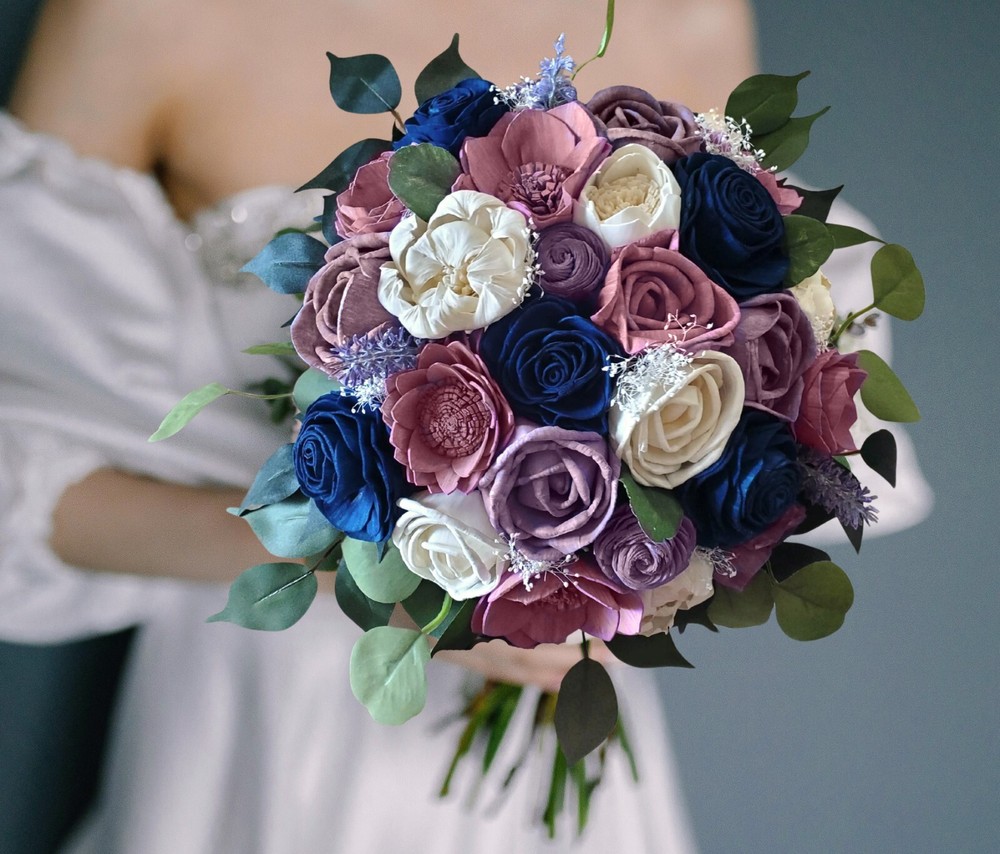 Lavender Navy Bridal Bouquet Sola Wood Wedding Flower Desert Rose Bridesmaid