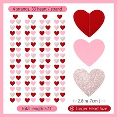Paper Heart Garland – Larger 2.8 Inch 52 FT 4 Red Pink Rose Gold