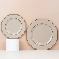 10 Taupe 12″ Baroque PLASTIC DINNER PLATES with Gold Rim Party Event Decorations