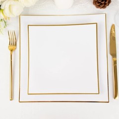 10 WHITE 8″ Square Concave Plastic Salad Dinner PLATES Gold Rim Party Events