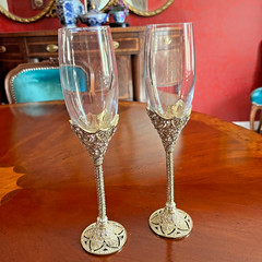 Swarovski Crystal Encrusted Champagne Flutes Set 2 Ornate Gold Tone Filigree