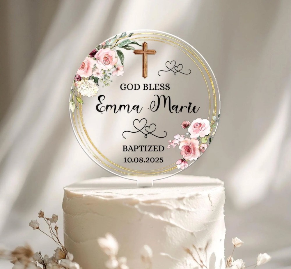 Personalized God Bless Cake Topper Photo Baptism Christening First Communion