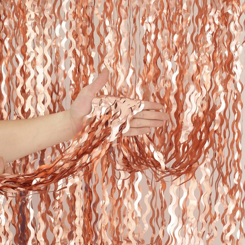 4 Pack Rose Gold Foil Curtain Birthday Decorations – 3.3×6.6ft Wavy Tinsel Fo…