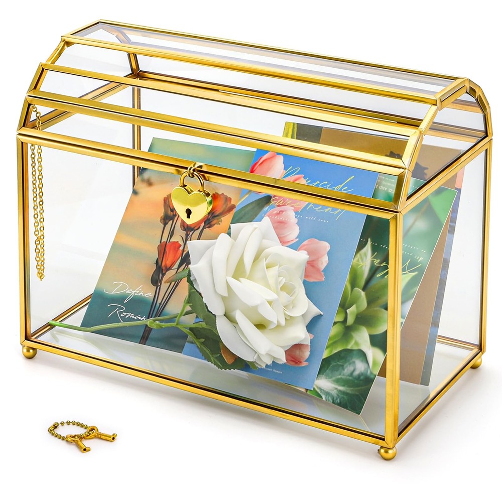 Cedilis Glass Wedding Card Slot And Lock 10 X 7.9 X 5.5 Inches Gold Clear