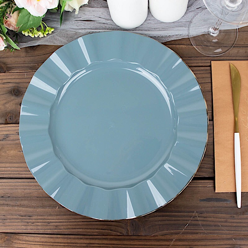10 DUSTY BLUE 11″ Round PLASTIC Salad Dinner PLATES Gold Wavy Rim Wedding Party