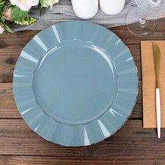 10 DUSTY BLUE 11″ Round PLASTIC Salad Dinner PLATES Gold Wavy Rim Wedding Party
