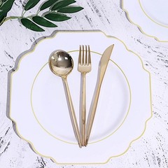10 WHITE 11″ Baroque PLASTIC DINNER PLATES with Gold Rim Party Event Decorations