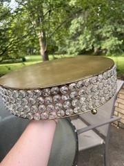 13” Crystal Beaded Round Gold Cake Stand Elegant Wedding Centerpiece Tray 3” Hi