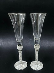 SET OF 2 SILVER RIM,SPARKLING CRYSTALS STEM,BASE CHAMPAGNE,FLUTE GLASS,HAND MADE