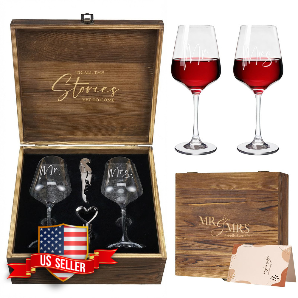 AW Bridal Mr and Mrs Wine Glasses Wedding Gift Set with Box