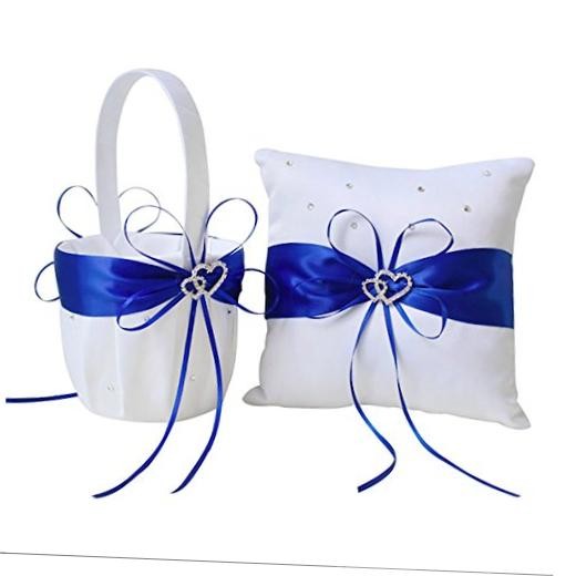 2pcs Wedding Set White Satin and Royal Blue Flower Girl Basket and Ring Pillow