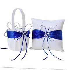 2pcs Wedding Set White Satin and Royal Blue Flower Girl Basket and Ring Pillow