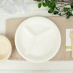 50 Round 10″ WHITE 3-Compartment Sustainable Bagasse DINNER PLATES Party Events