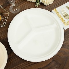 50 Round 10″ WHITE 3-Compartment Sustainable Bagasse DINNER PLATES Party Events