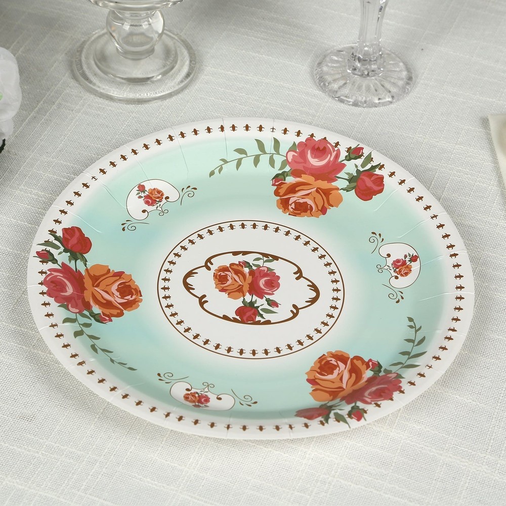 25 TURQUOISE 9″ Paper Round Plates with Vintage Rose Flower Print Wedding