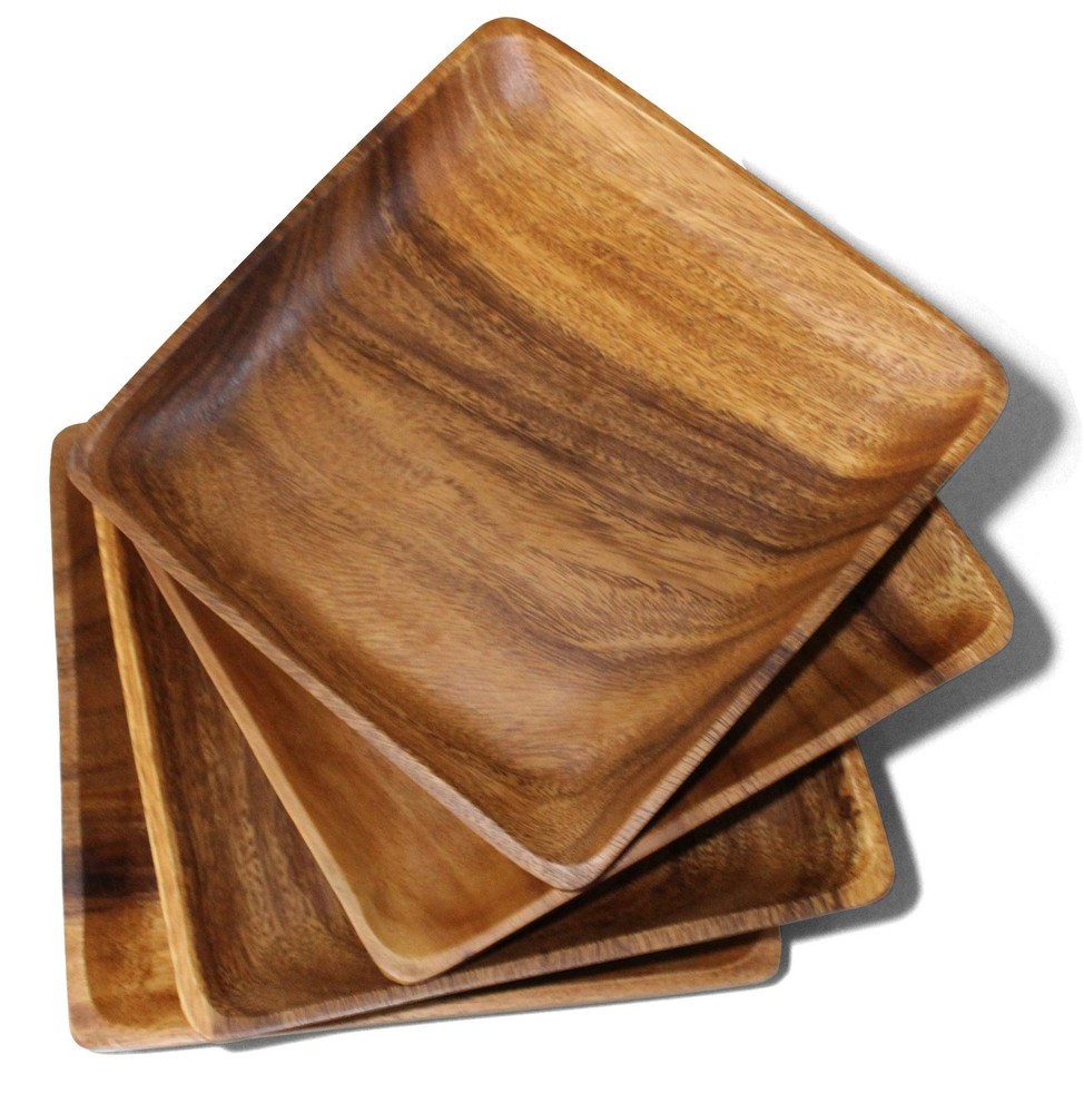 Wrightmart Set Of 4 Acacia Wood Plates 10 Square Dinner Plates Solid