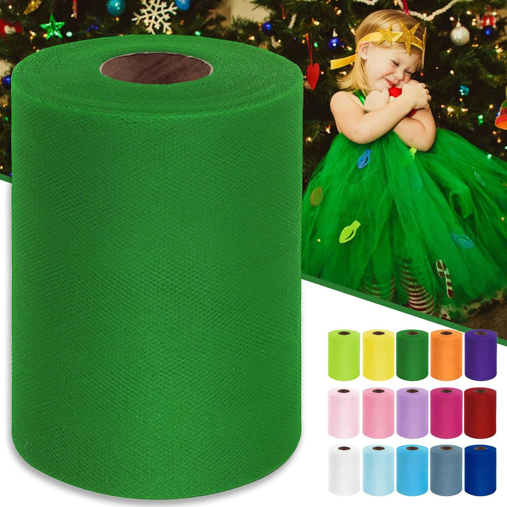Green Tulle Fabric Roll 6 Inch by 100 Yards (300 Feet) Sheer Tulle Ribbon for Ch
