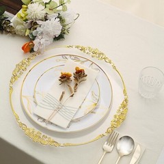 20 Round WHITE Plastic Salad Dinner PLATES Gold Floral Design Party Decorations