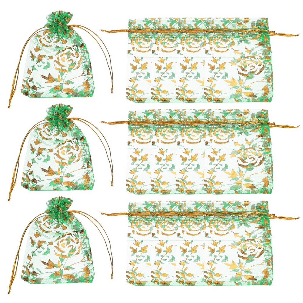 Organza Bags, 100 Pcs 2.8 x 3.5 Inch Gold Rose Mesh Candy Pouch, Green Flower