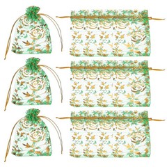 Organza Bags, 100 Pcs 2.8 x 3.5 Inch Gold Rose Mesh Candy Pouch, Green Flower