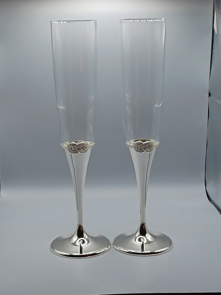 Vera Wang Wedgwood Infinity Toasting Champaigne Flutes Silver & Glass Set of 2