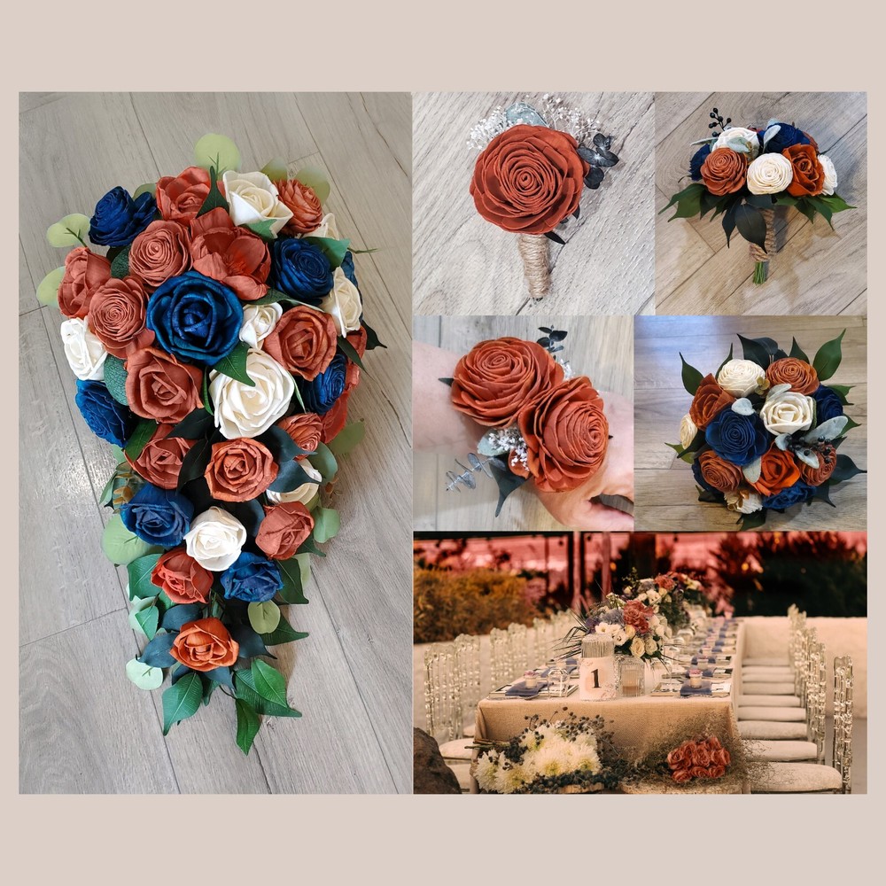 Burnt Orange Navy Bridal Cascade Bouquet Fall Blue Sola Wood Wedding Flowers