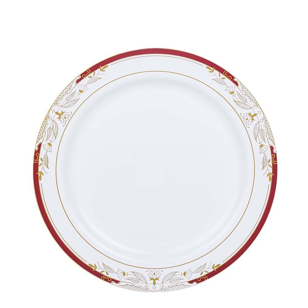 10″ White Round Salad Plates Red Gold Trim Party Wedding Disposable Tableware