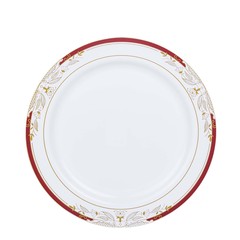 10″ White Round Salad Plates Red Gold Trim Party Wedding Disposable Tableware