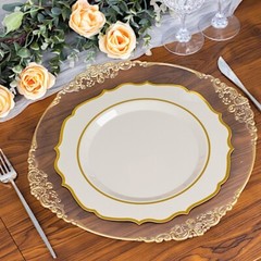 30 TAUPE 8″ Round Plastic Dinner Plates GOLD Scalloped Rim Events Wedding