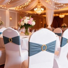 Pack of Spandex Dusty Blue Chair Sashes 50 Dusty Blue Sashes + Gold Buckles
