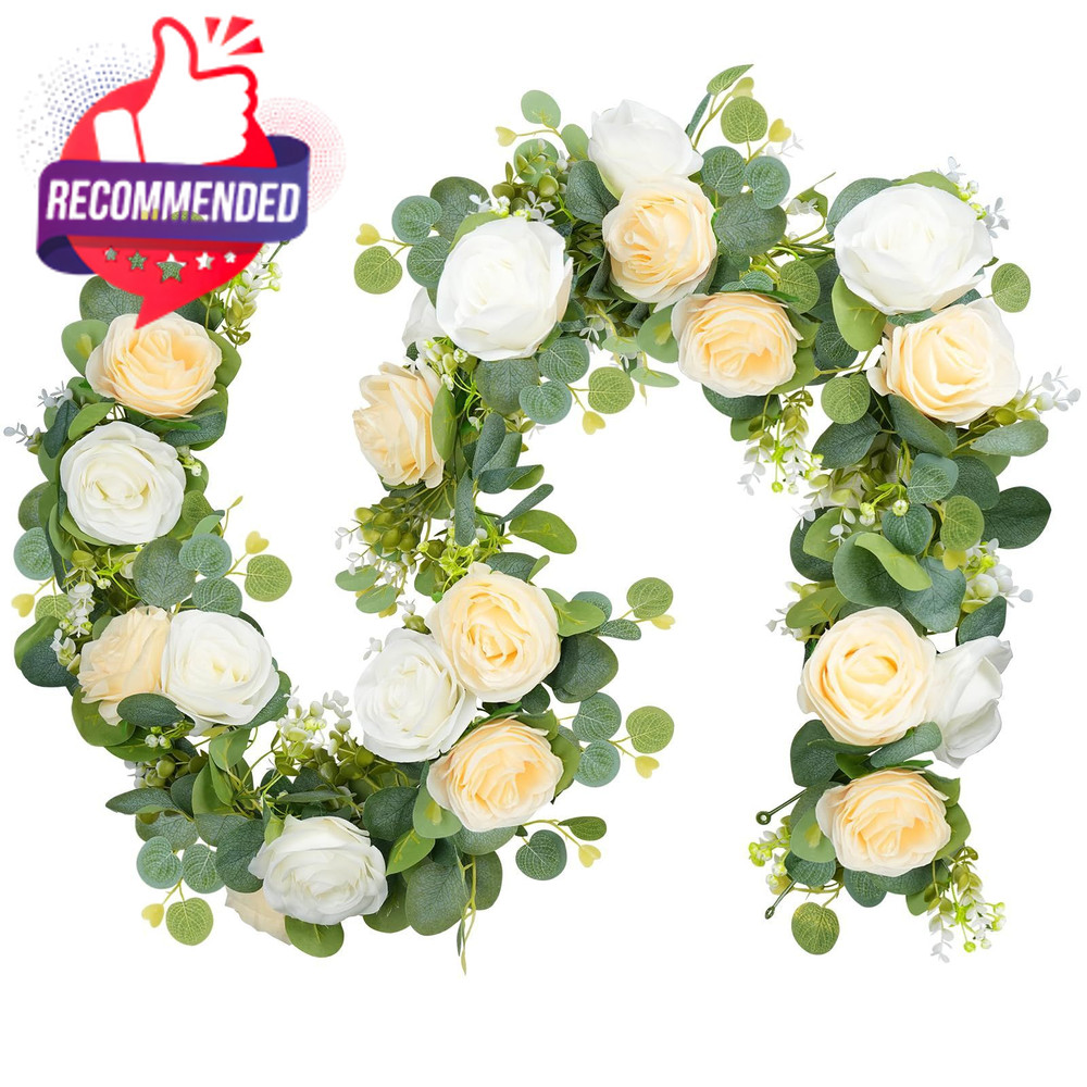 2pcs 13ft Artificial Eucalyptus Garland With Flowers, Artificial Rose Garland