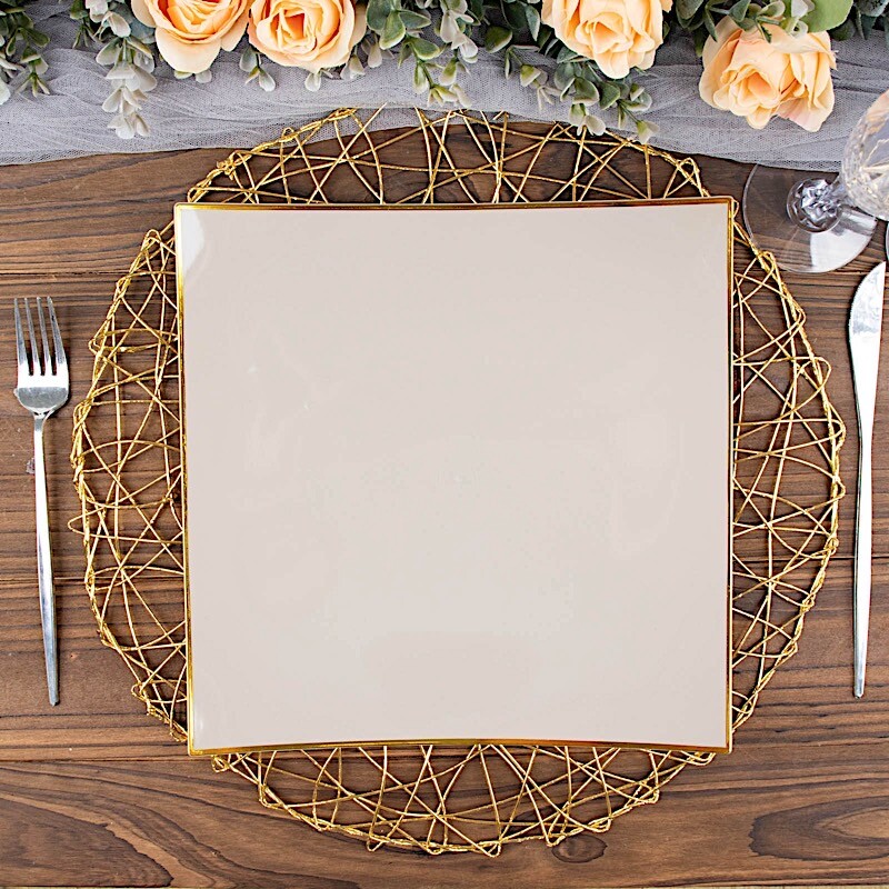 10 TAUPE 10″ Square Concave Plastic Salad Dinner PLATES Gold Rim Party Events